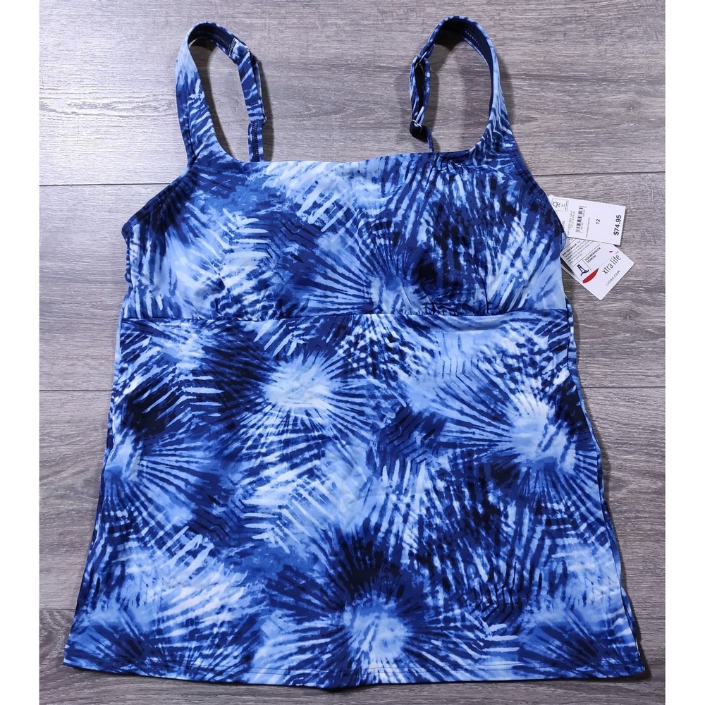 Lands End Swim Top Womens 12 Squareneck Tankini Tie Dye Blue Swimwear NWT